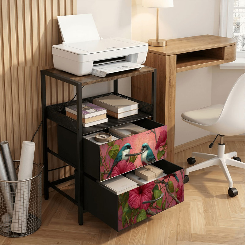 Table de chevet 2 tiroirs avec station de charge, table de chevet pour chambre à coucher avec ports USB, tablette ouverte noire, table de chevet avec trois oiseaux perchés, branches de fleurs roses, impression douce d'hibiscus
