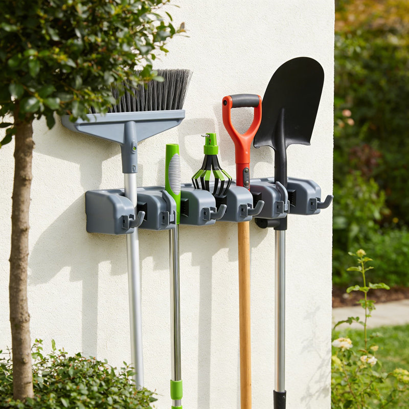 Organisateur de rangement mural pour balais, vadrouilles et outils longs - Gris