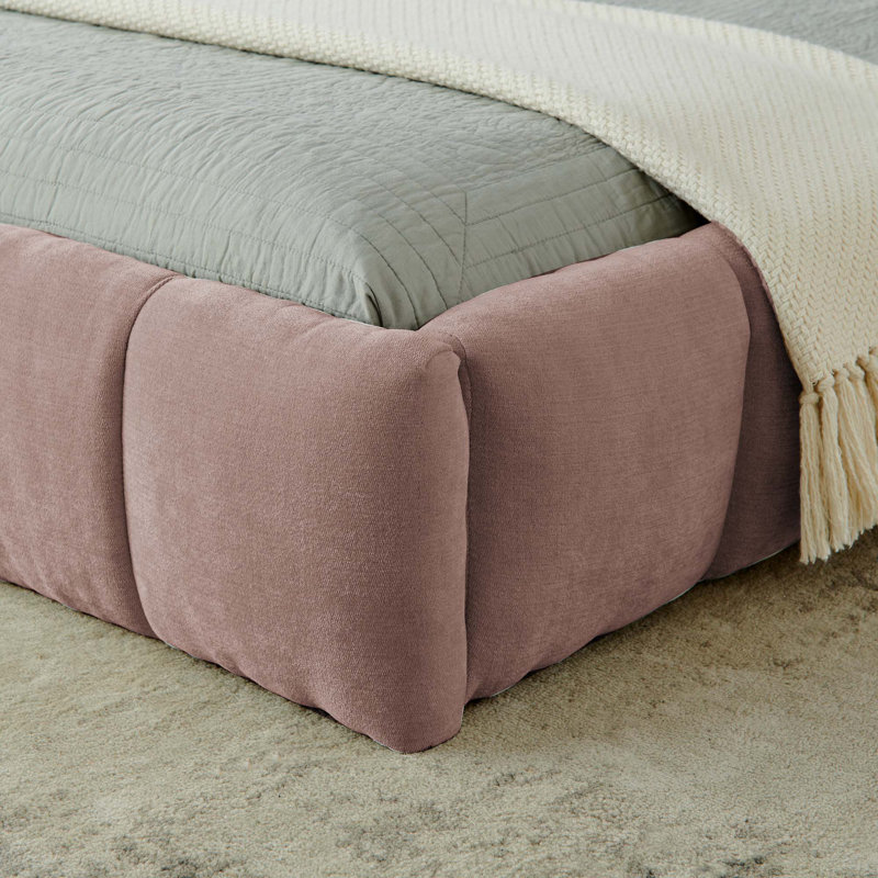 Structure de lit rembourrée avec tissu épais en chenille et lit plateforme avec tête de lit et structure solide, Rose