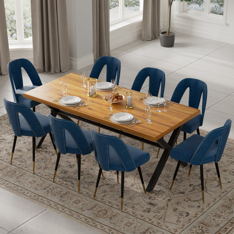Ensemble de salle à manger rectangulaire en bois avec revêtement en velours, 9, Bleu