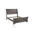 Grand lit contemporain gris avec lignes horizontales sur tête de lit courbée, pieds de support, cadre en bois pour la chambre à coucher, sommier requis, installation facile