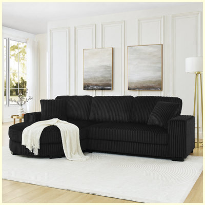 Corduroy Tufted Upholstered Sleeper Sectional Sofa, L-Shaped Modular Convertible Sofa , The arc-shaped footstool can be placed freely on the left and right-Black
