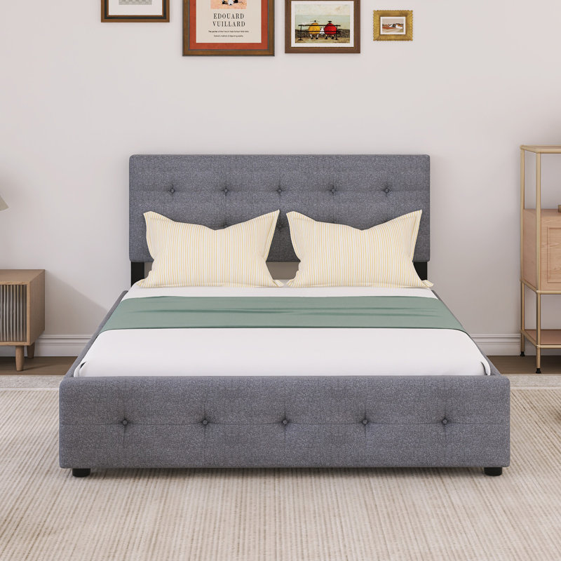 Lit plateforme avec tête de lit classique et 4 tiroirs, Gris foncé