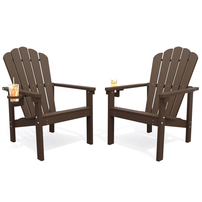 Dareona Set of 2 HDPE Stackable Adirondack Chairs with Cup Holders, All-Weather Outdoor Patio Chairs, 2, Brown