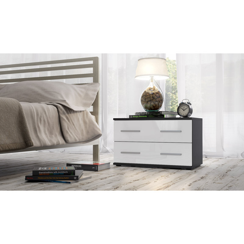 Janney 59.99cm W Wood Bedside Table, Matt black/Glossy white