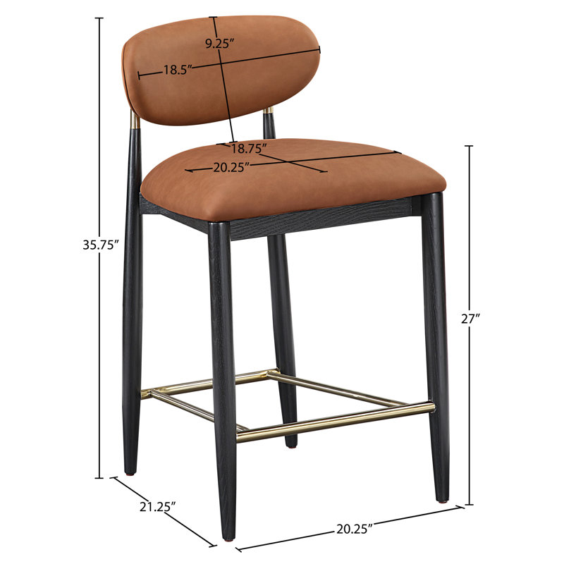 Tabouret Riccio, Noir, Brossé, Cuir végétalien cognac