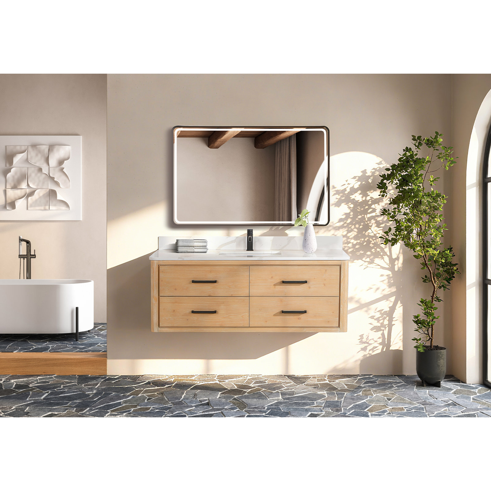 Cristo Single Bathroom Vanity with Top, Fir Wood Brown, 55"