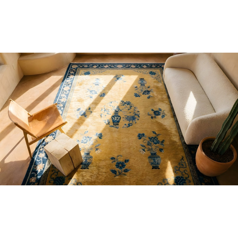 Antique Chinese - Art Deco Large Room Size Wool Yellow Rug