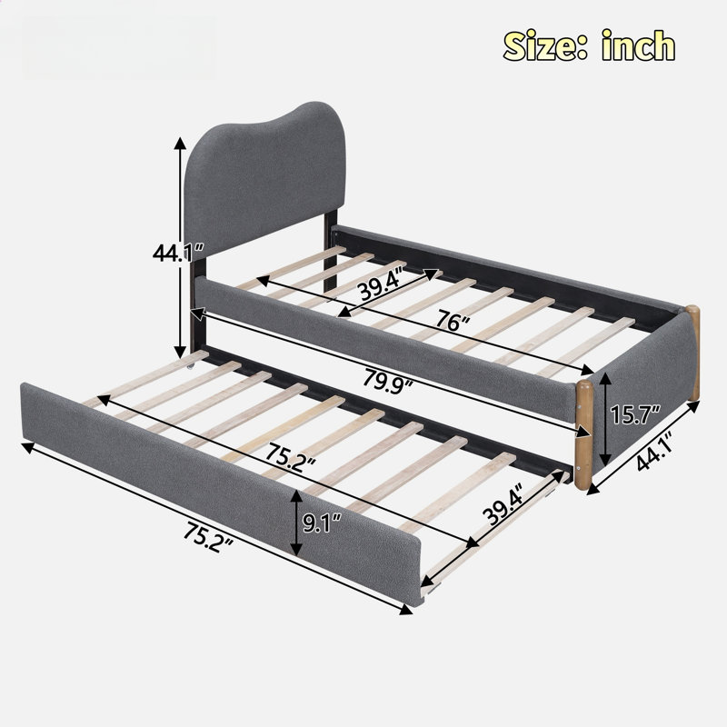 Lit plateforme tapissier avec pieds de support en bois et lit gigogne simple Madilyne, Simple, Gris