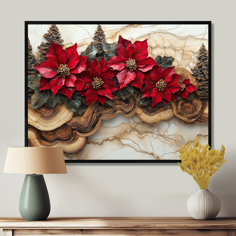 Giray, fleurs de poinsettias rouges dans la forêt I - impressions encadrées de poinsettias, Cadre flottant noir