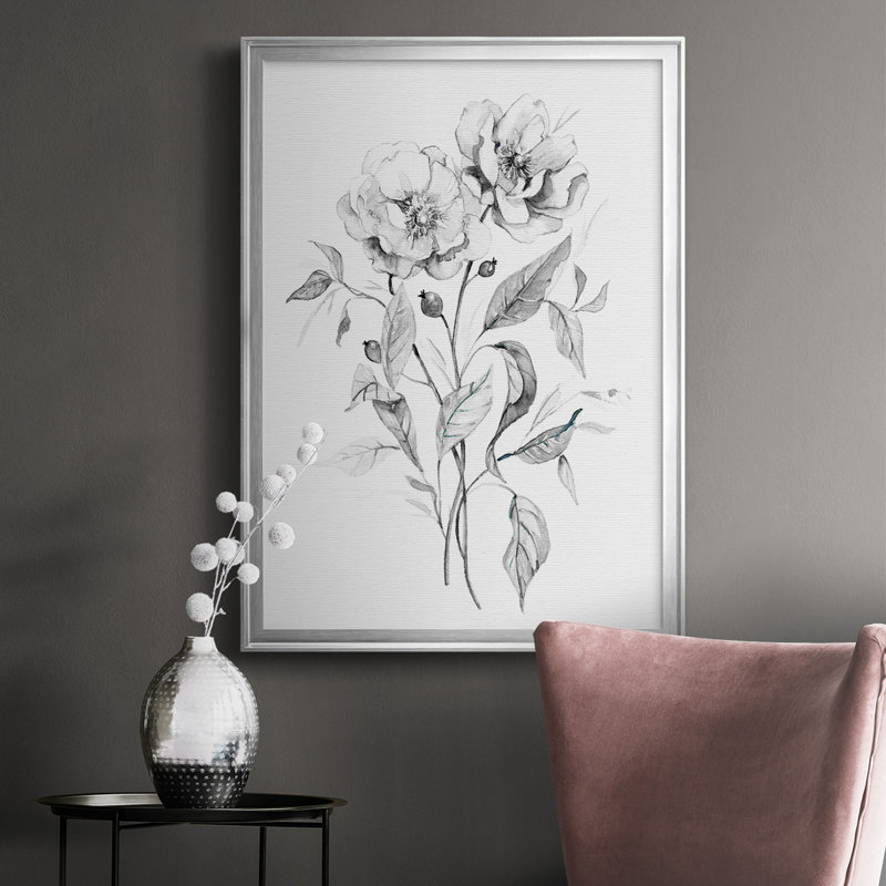 Dessin de roses sauvages - prêt à accrocher, H 36,5 po x l 26,5 po x P 1 po, Argent