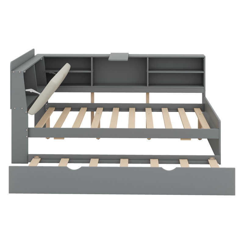 Full Size Wooden Storage Daybed Frame, Modern Platform Bed With Trundle & Flip Headboard & Shelves,Full Floor-Bed W/Upholstered Headboard&Storage, No Box Spring Needed