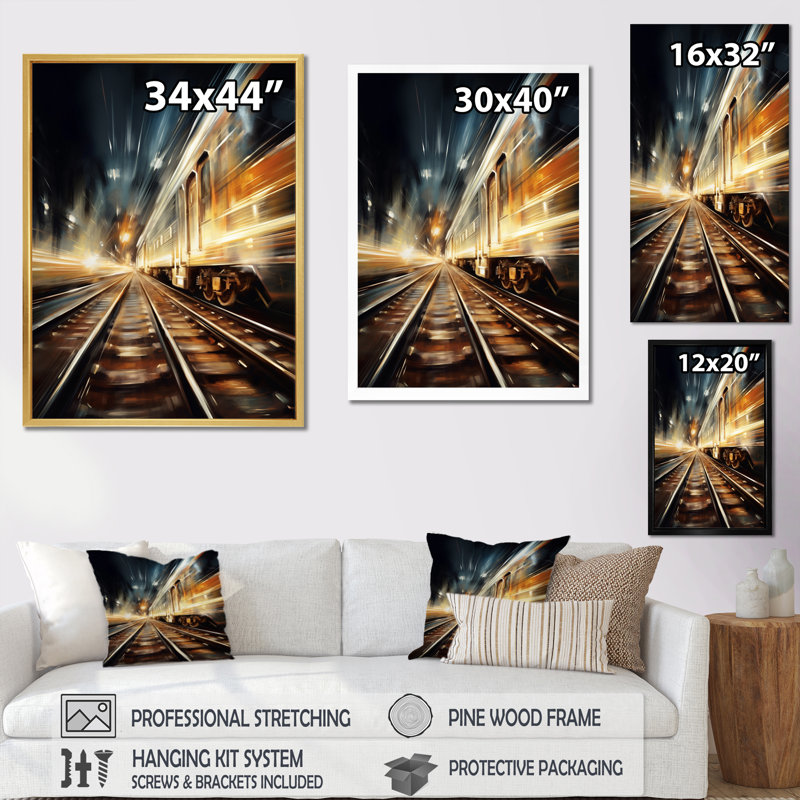 «Train Luminous Trail Lights II», reproduction sur toile, H 32 po x l 24 po x P 1 po, Cadre photo noir