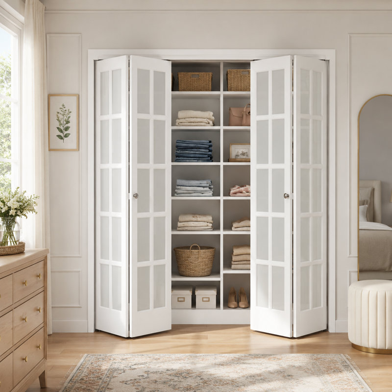 Bifold Doors 32 po x 80 po, 3 portes de placard pliantes en verre trempé givré avec trousse de quincaillerie, portes intérieures pliantes pré-assemblées blanches, installation facile