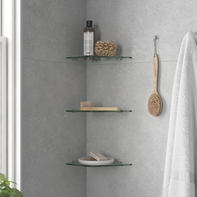 Bella 3-Pack Tempered Glass Corner Shelves With Stainless Steel Wall Mounted Satin Nickel Finish