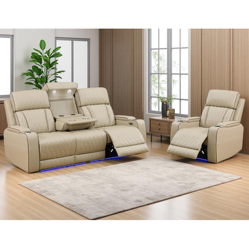 Ensemble de fauteuils inclinables électriques en cuir 2 pièces avec lumière DEL, chargeur sans fil, lampe de lecture et accoudoirs de rangement