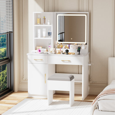 Meuble-lavabo avec miroir et lumières, coiffeuse blanche avec prise de courant et 3 modes d'éclairage, ensemble de coiffeuse avec étagères à tiroirs et tabouret de rangement pour la chambre à coucher