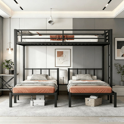Lit superposé, lit superposé à structure en acier robuste avec garde-corps, lit superposé pour chambre d'amis dans un dortoir, aucun sommier nécessaire, noir et blanc