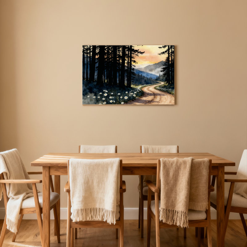 Ensemble de 1 tableau sur toile tendue représentant un paysage de coucher de soleil sur un chemin forestier