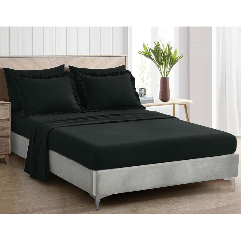 Ruffled Edge Microfiber Bed in a Bag Comforter Set, Oversized King Comforter + 6 Additional Pieces, Black