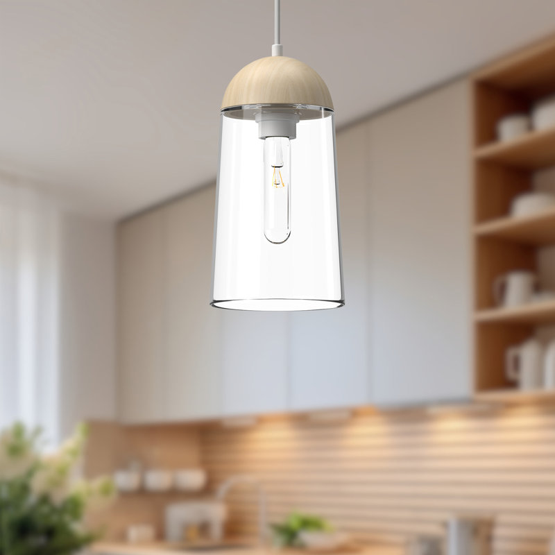 Luminaire suspendu simple à 1 lumière Tabitha, Blanc / chêne blanc, Chêne blanc
