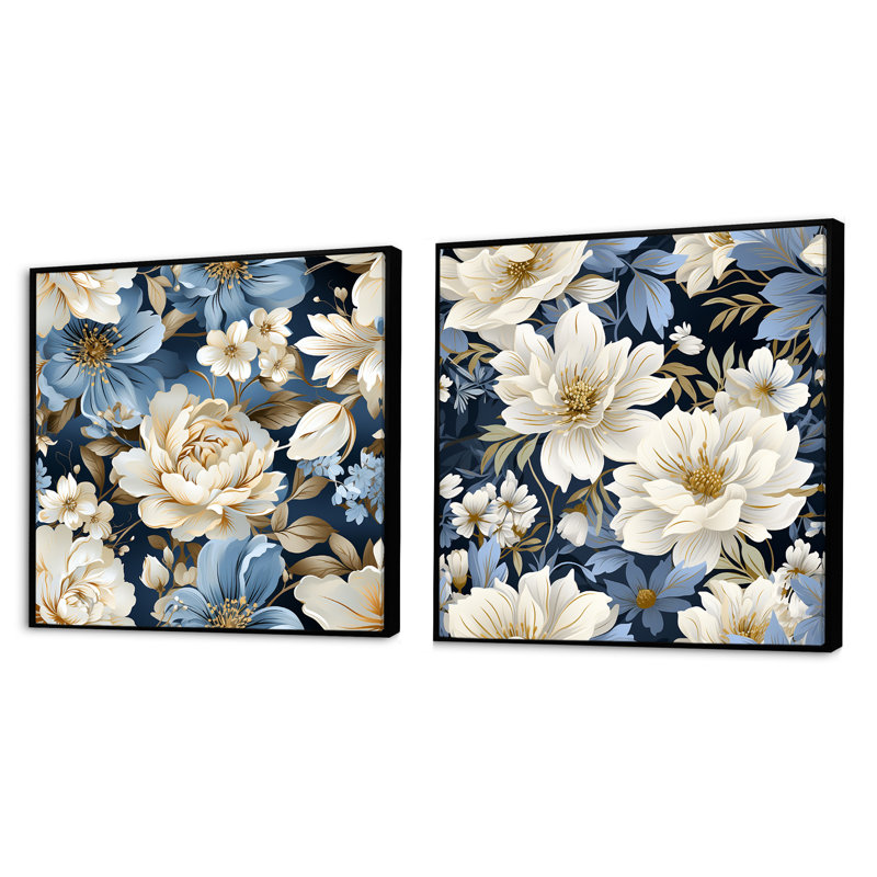 Daigre - Ensemble de 2 collages carrés floraux, Cadre flottant noir, H 36 po x l 73 po