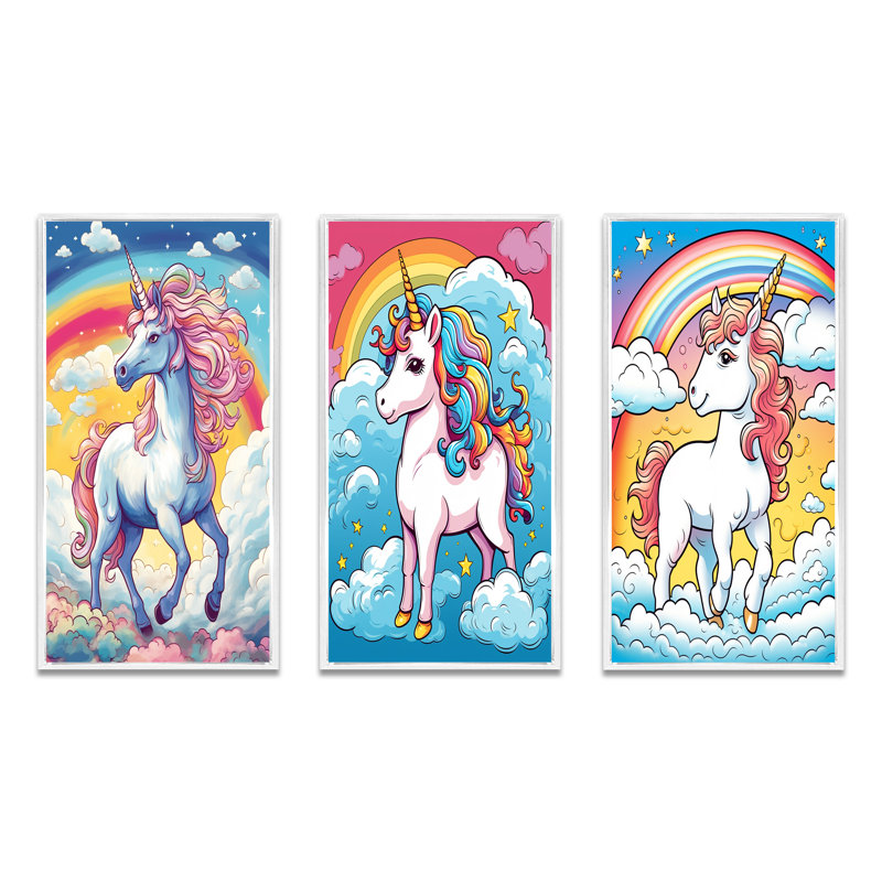 «Cute Unicorn And Rainbow II», 3 pièces sur toile, Cadre blanc, H 32 po x l 48 po
