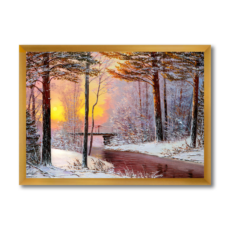 Forêt de Noël avec rivière et arbres IV - peinture sur toile, H 16 po x l 32 po x p 1 po, Cadre doré