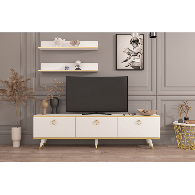 Tagen Unfinished TV Stand for TVs up to 60", White/Gold