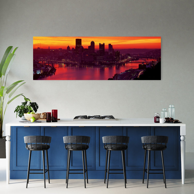 Silhouette of buildings at dawn Three Rivers Stadium Pittsburgh Allegheny County Pennsylvania USA 1 Piece Wrapped Canvas Panoramic Wall Art