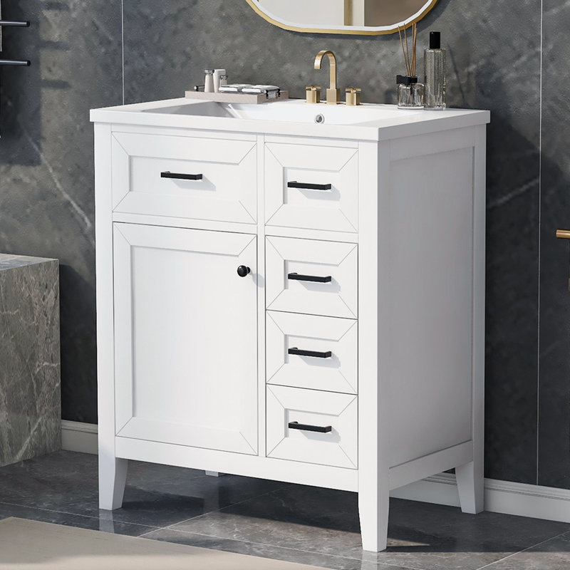 Meuble-lavabo simple 30 po avec comptoir en céramique Vidak, Blanc, Noir