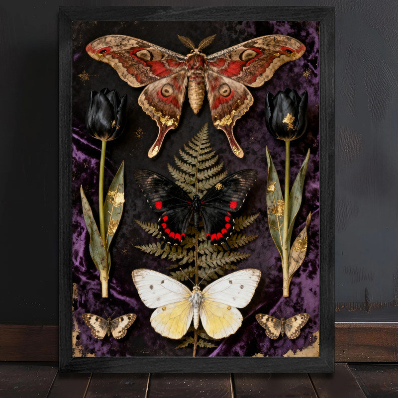 Art mural papillon noir et floral noir, impression de cadre fantaisiste foncé rétro, H 37 po x l 25 po