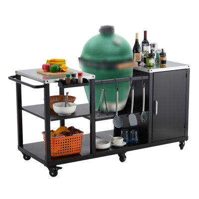 Table de gril d'extérieur noire 63 pouces pour Big Egg Table de chariot en métal avec crochets et supports Support de gril robuste compatible avec les grands gros œufs verts