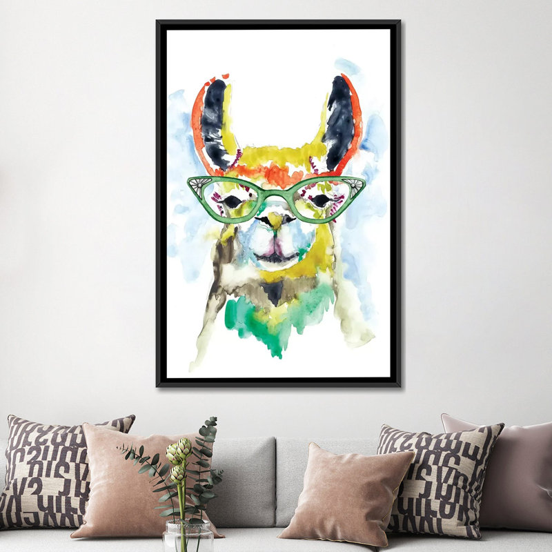 «Smarty-Pants Llama», reproduction sur toile, H 26 po x l 18 po x P 1,5 po, Pas de tapis, Toile avec cadre noir