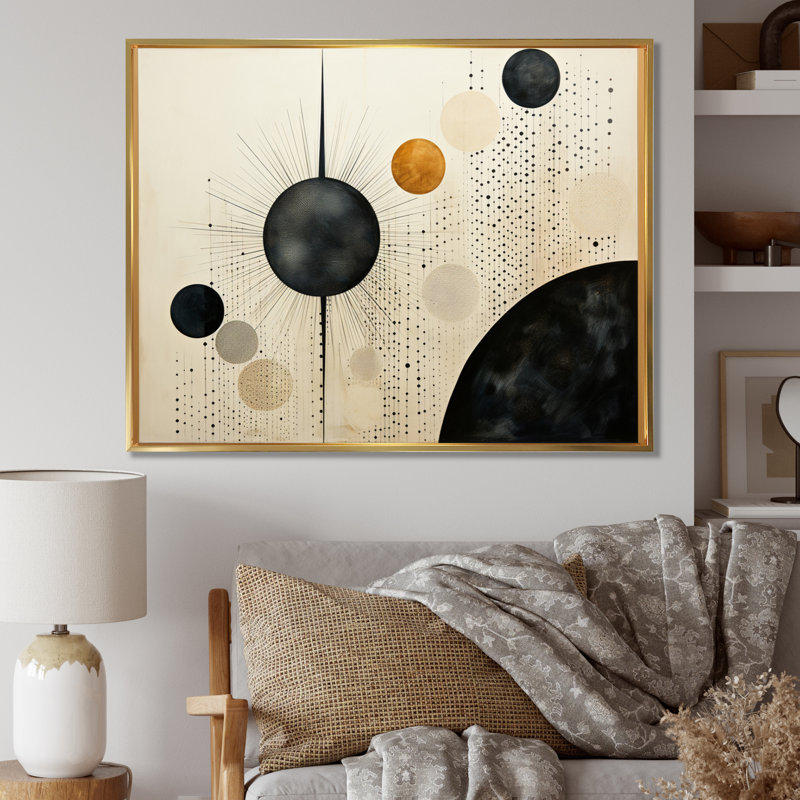 Beige noir Mid Century Minimalist Oasis, reproduction d'art sur toile, H 16 po x l 32 po, Cadre flottant doré