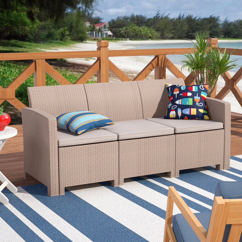 Alderman Faux Rattan Sofa with All-Weather Cushions, Light Gray