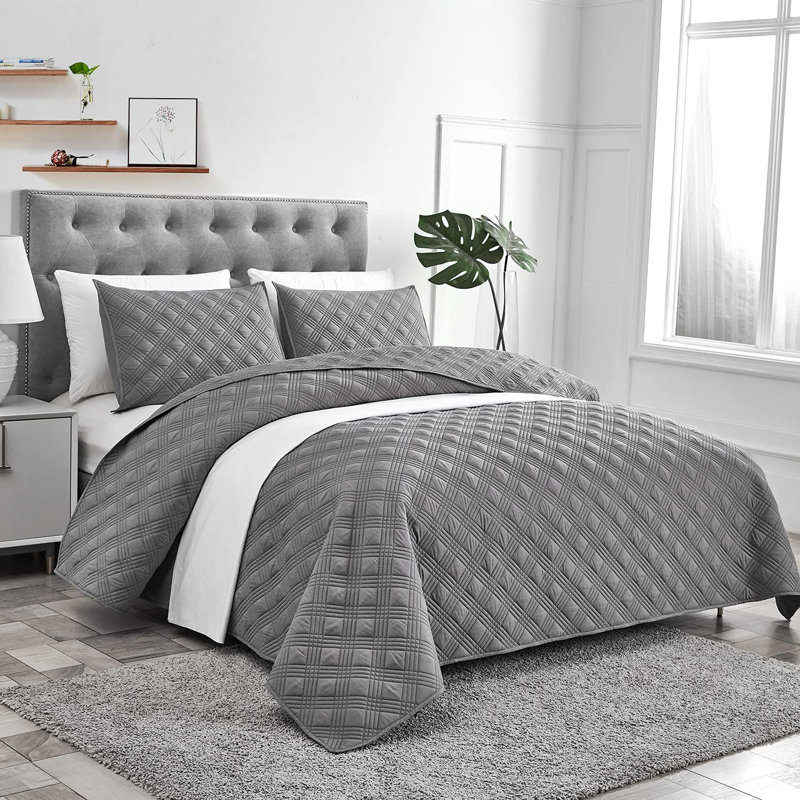  Ensemble de courtepointe en polyester percale, Gris, Courtepointe pour lit simple et deux taies décora
