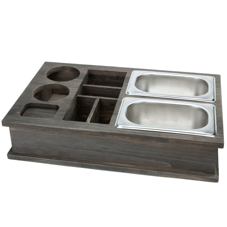 Vintage Gray Solid Wood Caddy with Dual Snack Bowls, Movie Night