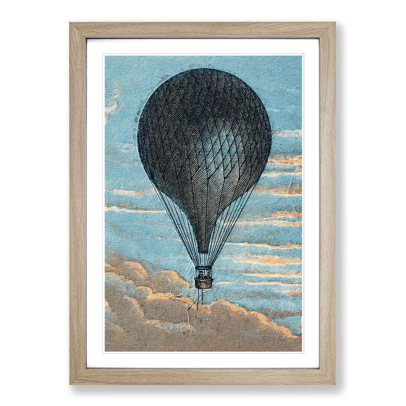Hot Air Balloon Flying High - Picture Frame Painting Print on MDF, 36cm H x 27cm W x 2cm D, Oak Framed