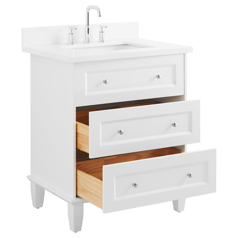 Meuble-lavabo simple biseauté autoportant de 30 po avec plateau en quartz pur Lior, Blanc, L 30 po