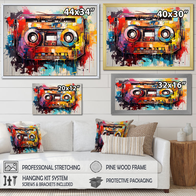 Cassette à ruban Jazz Age - Cassette Tapes Wall Art, Cadre doré à coins fermés, H 12 po x l 20 po x P 1 po
