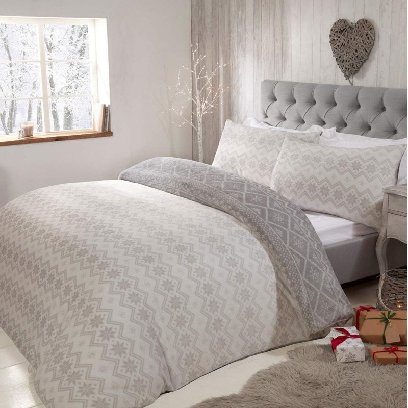 Double Fairisle Fleece Duvet Set, Grey Striped, Double Duvet Cover + 2 Standard Pillowcases