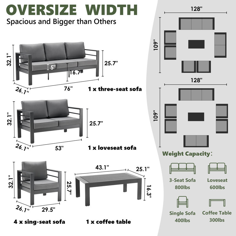 Ensemble de patio complet pour 9 personnes avec coussins Roussel, Gris foncé / Gris foncé