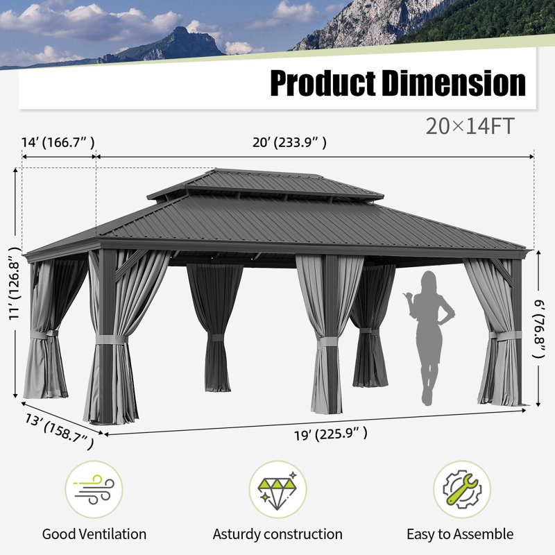 Hardtop Gazebo with Double Roof, 120mm Aluminum Posts & Built-in Gutter, Black & Grey, 20 Ft. W x 14 Ft. D