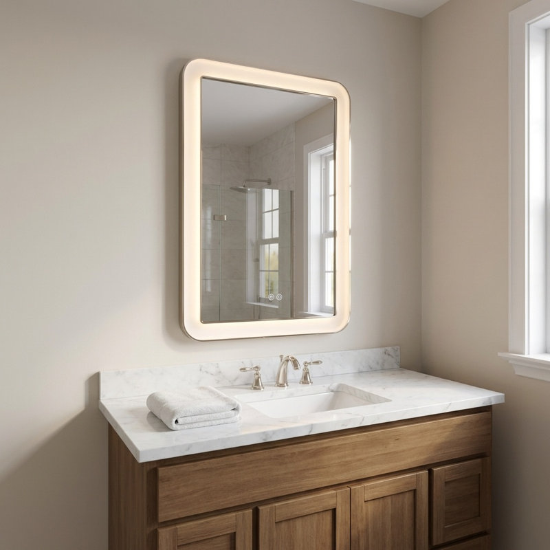 Chopin Rectangular Illuminated Mirror, Polished Nickel, 27" H x 18" W x 1.5" D
