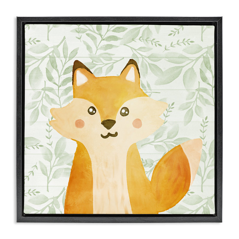 Renard fantaisiste sur un cadre flottant à motif floral, design par Kim Allen, Cadre flottant noir de jais, H 18 po x l 18 po