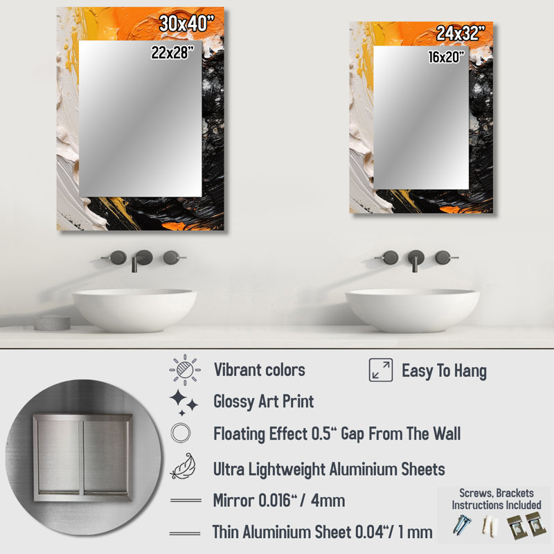 Orange and Black Mystic Spirals III - Abstract Spirals Mirror, Orange Unique Wall Mirror, Printed Metal Art, 40" x 30"