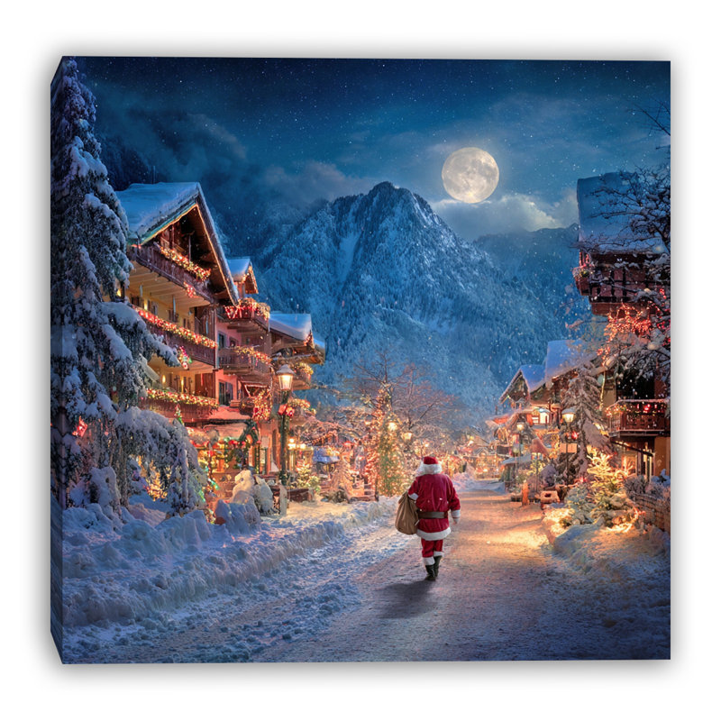 Père Noël marchant dans un village alpin, art mural sur toile, 30 po x 30 po