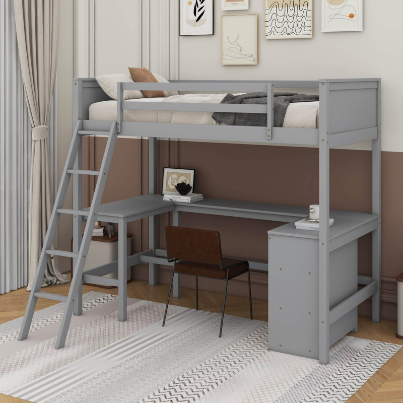 Lit mezzanine simple avec tablettes et bureau, Gris