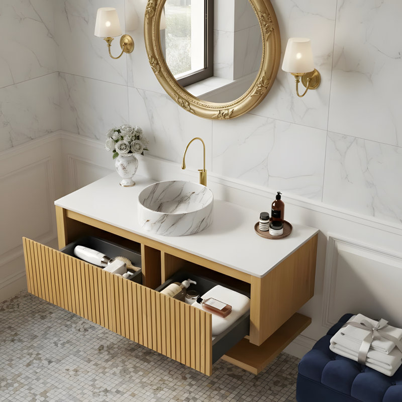 Large open and concealed storage compartments Wall-mounted bathroom storage cabinet